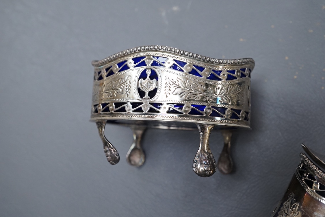 An Elizabeth II George style piece silver mustard pot and salt by Da-mar Silverware, London, 1977, together with a sliver mounted glass tidy and a cased set of four sterling mounted bridge pencils.